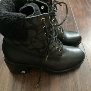 Coach Black Lace-Up Boots with Gold Accents